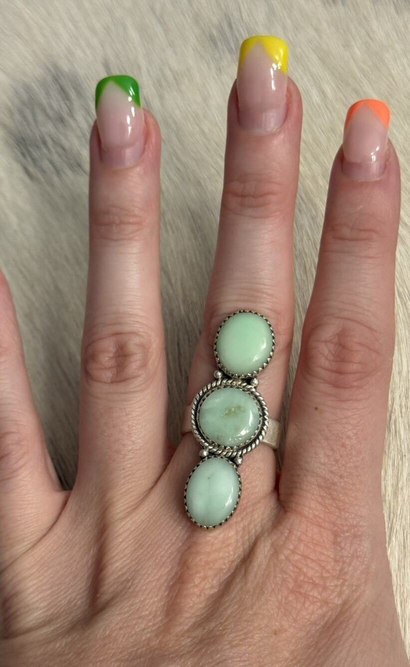 Sterling Silver Green Paloma Turquoise Multistone 3 Stone Adjustable Ring 925